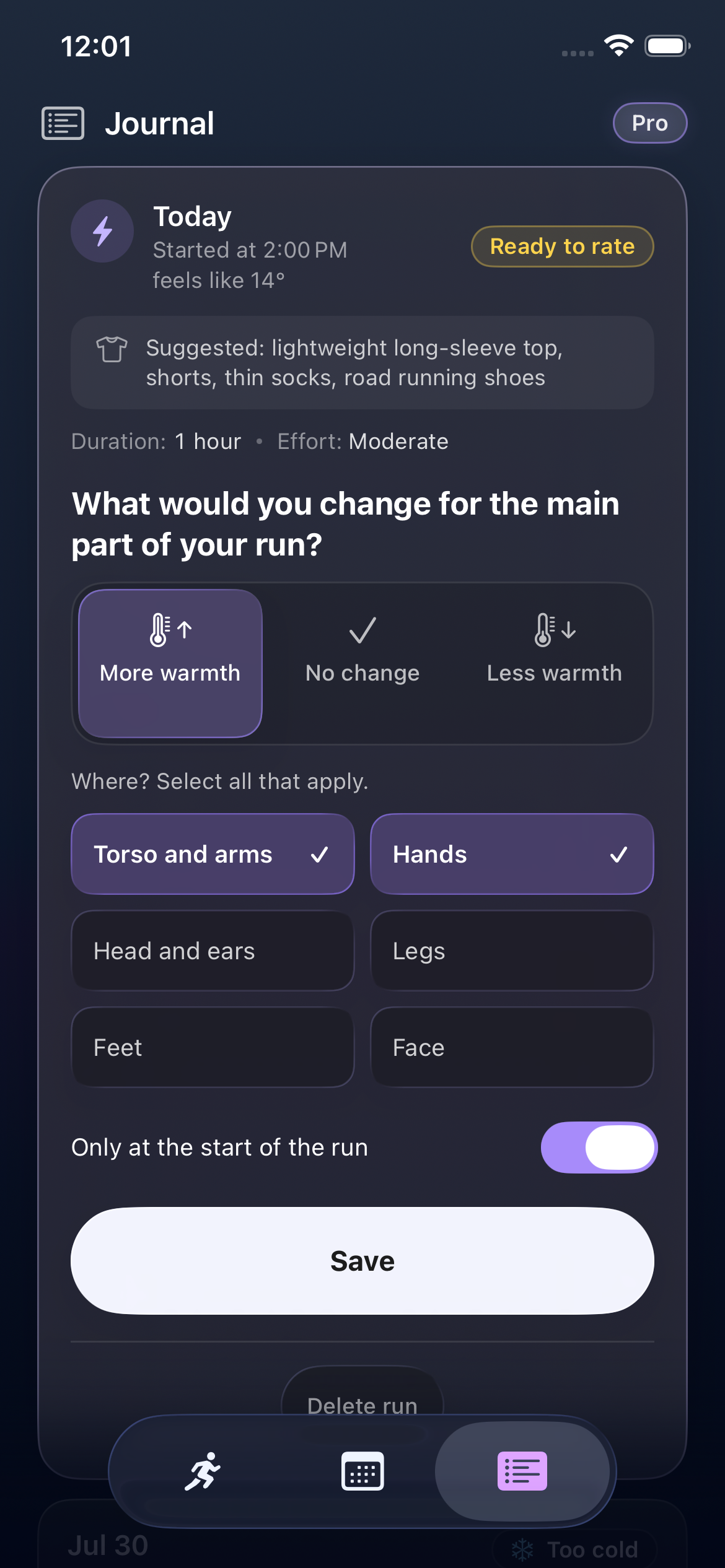 RunOutNow feedback with More warmth selected for torso, arms and hands, and separate choices for head, legs, feet and face.