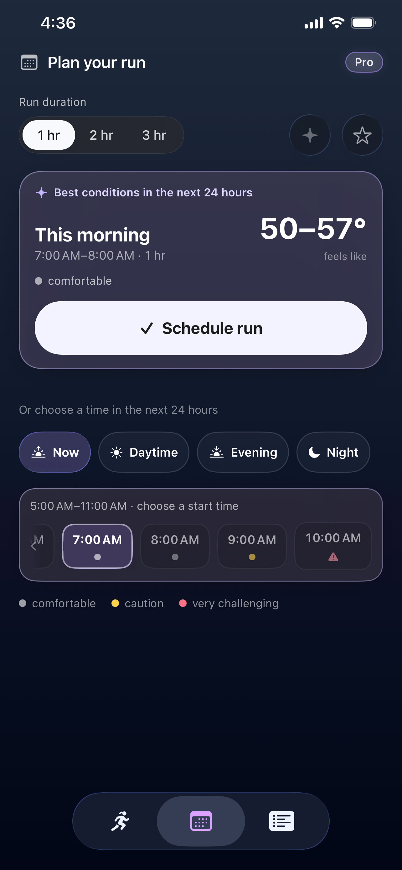 RunOutNow suggesting a 7–8 AM run with a feels-like temperature of 50–57°F and showing other times of day.
