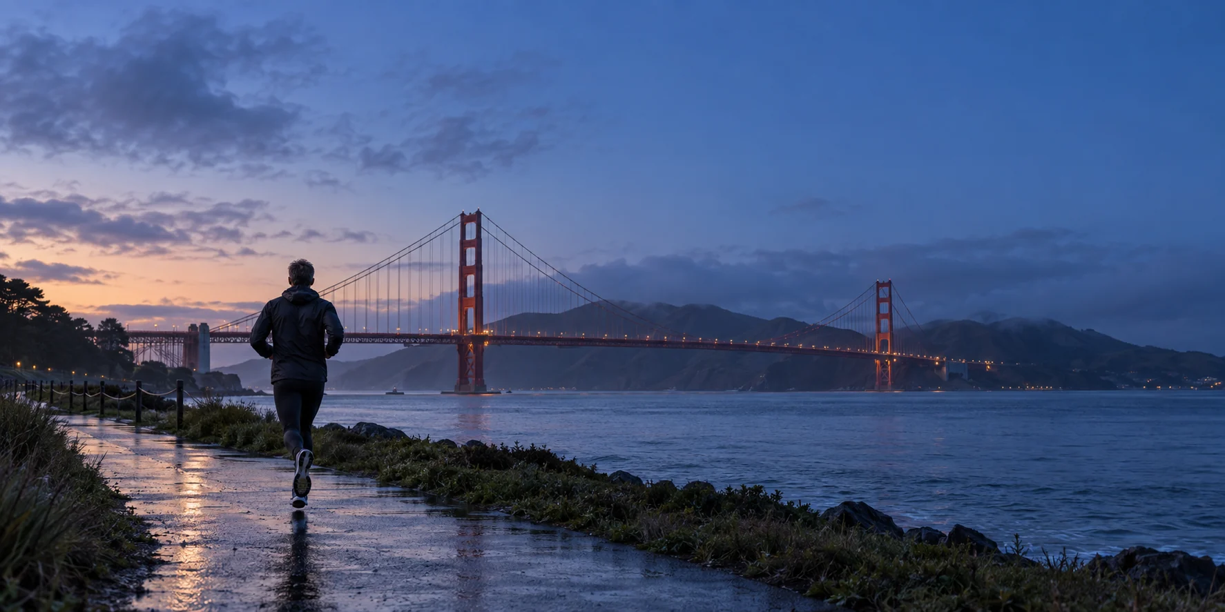 A runner on a damp San Francisco waterfront path before sunrise, with the Golden Gate Bridge across the bay.